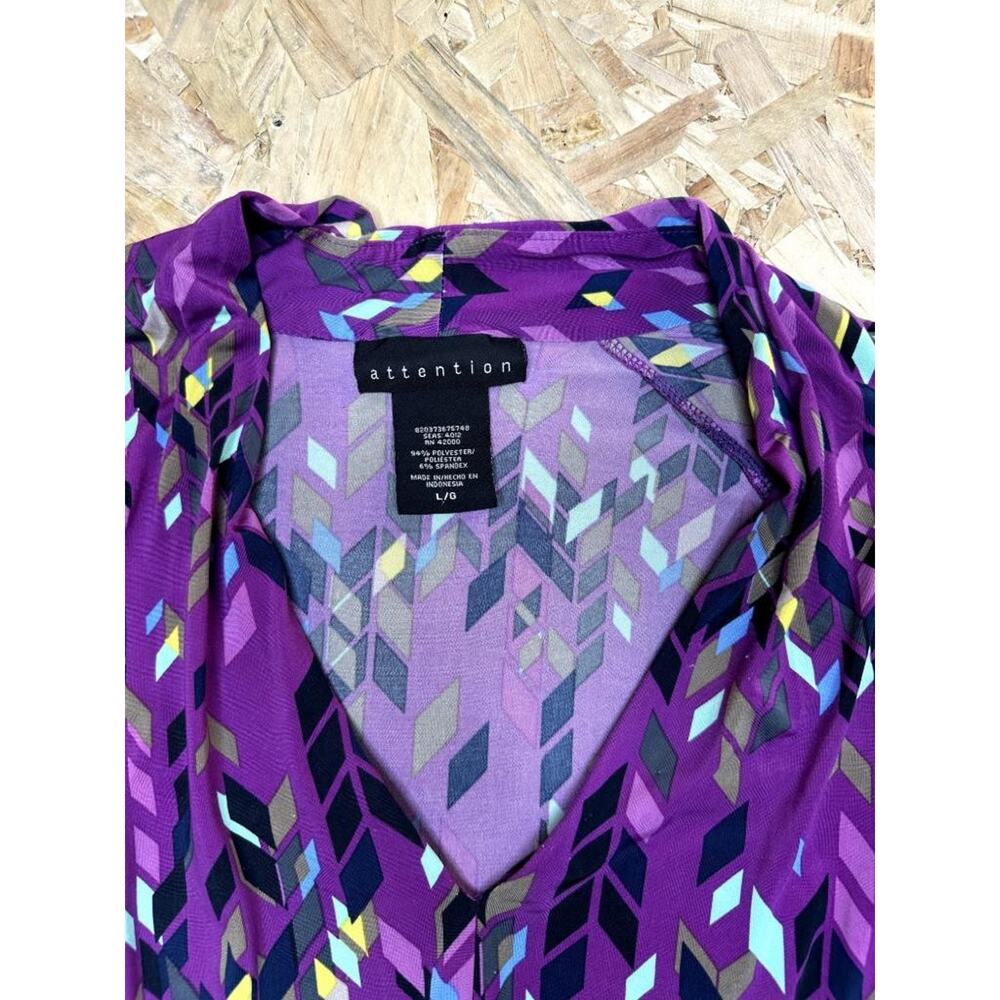 Attention Womens Purple Geometric Blouse Size Large Cap Sleeve V-Neck Belted Top - Picture 8 of 16